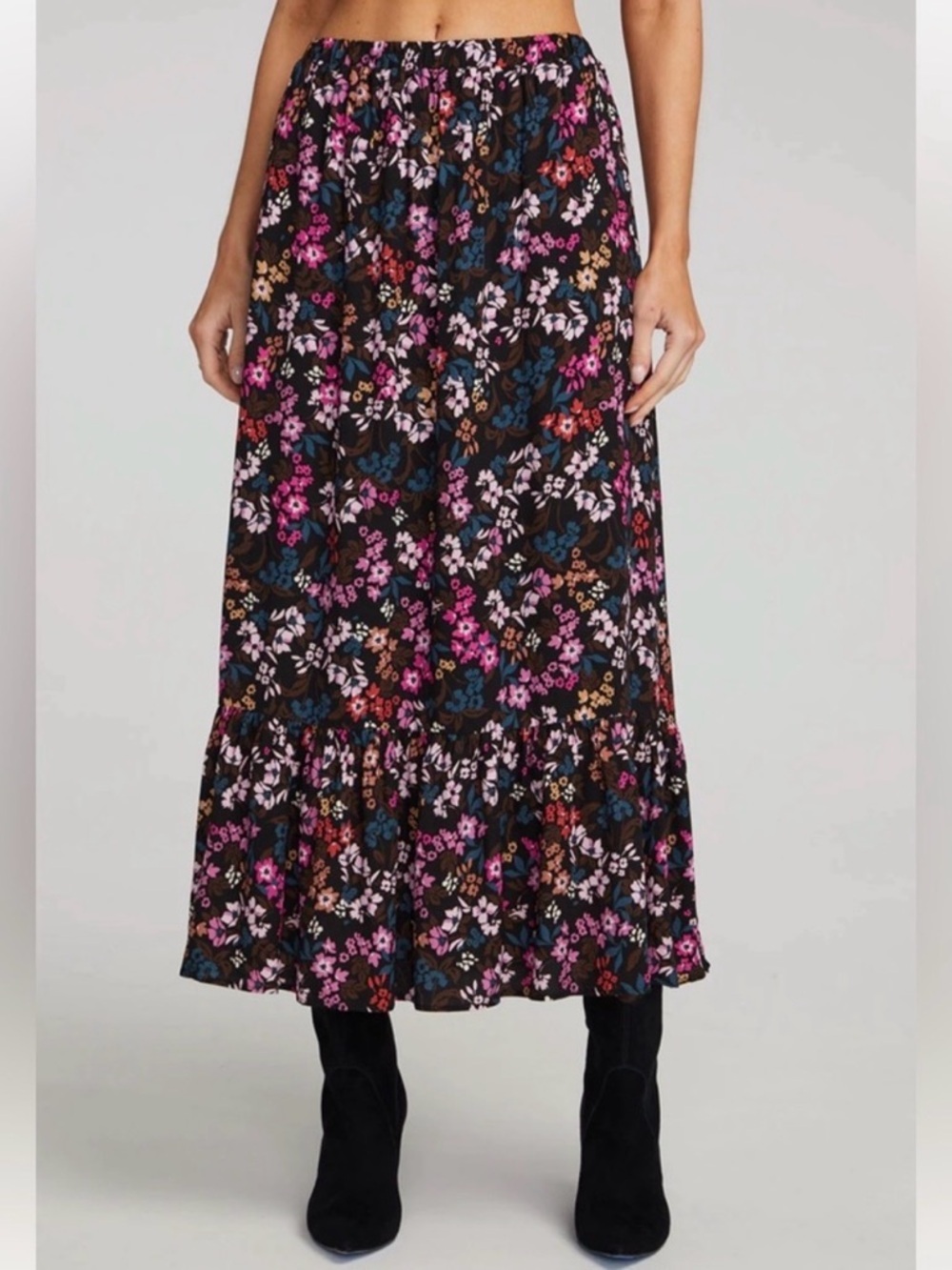 Saltwater Luxe Floral Midi Skirt Small Black Pink Boho Ruffle Hem NWT